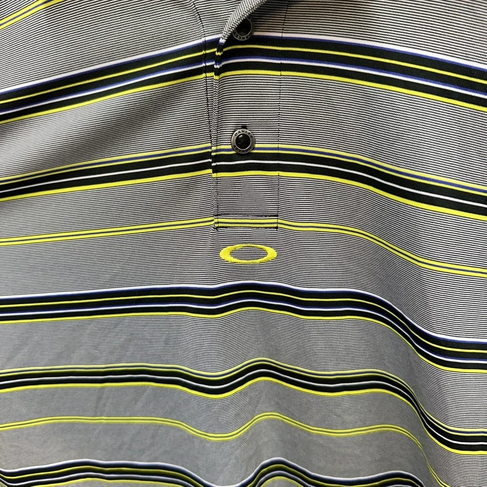 Oakley‎ Polo Shirt Mens XL Gray Yellow White Striped Short Sleeve Golf